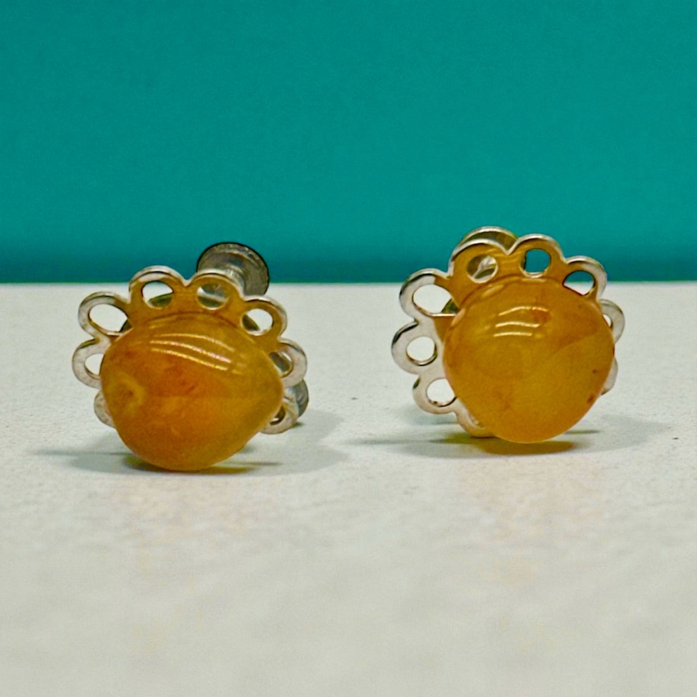 Vintage Screw Back‎ Polished Stone Earrings